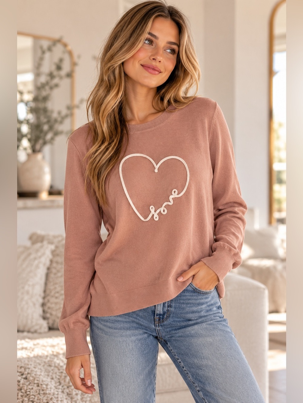 Women's Dusty Rose 'Love' Heart Crewneck Sweater Long Sleeves women XS